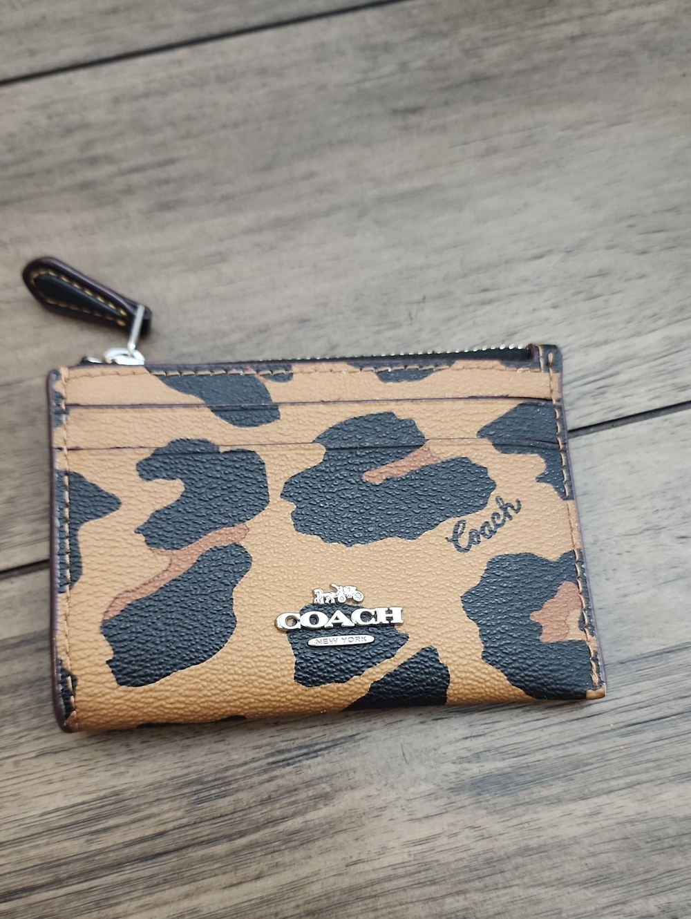 Coach Leopard-Print Zip Card Holder in Tan and Black